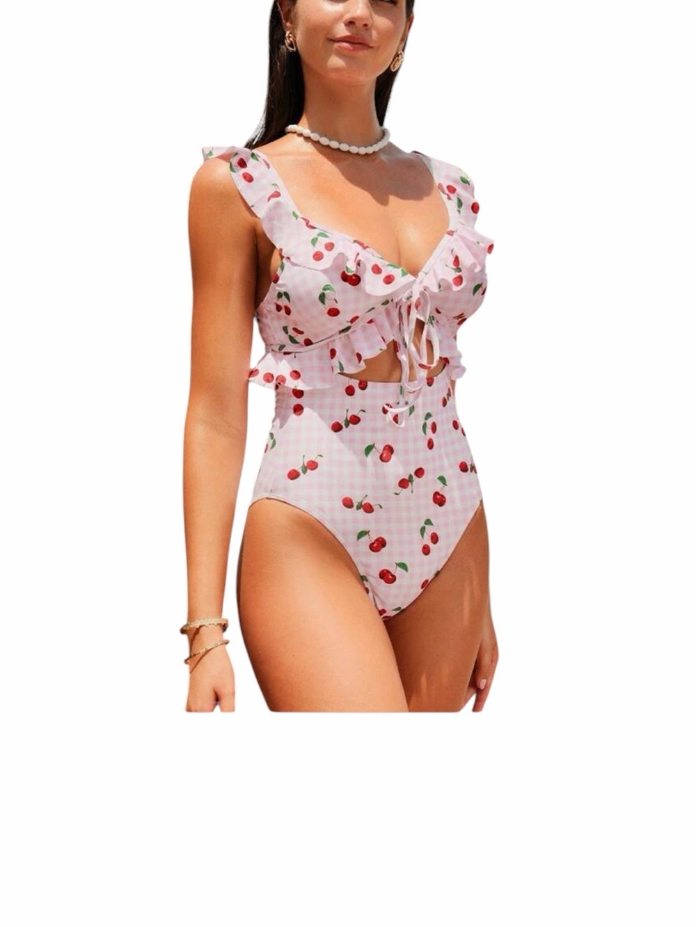 SHEIN Pink Gingham Cherry Print Ruffle One-Piece